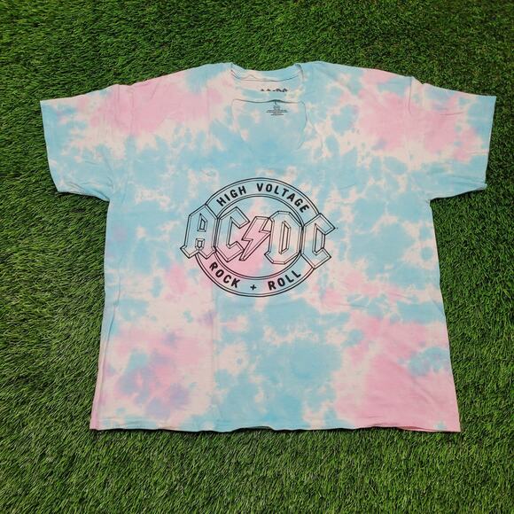 VTG Style AC/DC Band Tee T-Shirt Womens L/XL Oversized Pink Tie Dye V-Notch 2017 - Picture 1 of 6